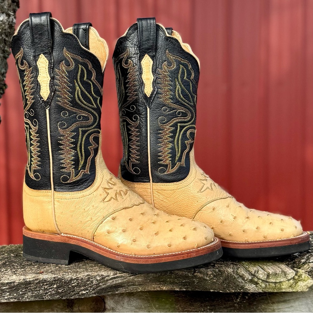 Lucchese Black and Tan Ostrich Inlay Heeled Western Boots